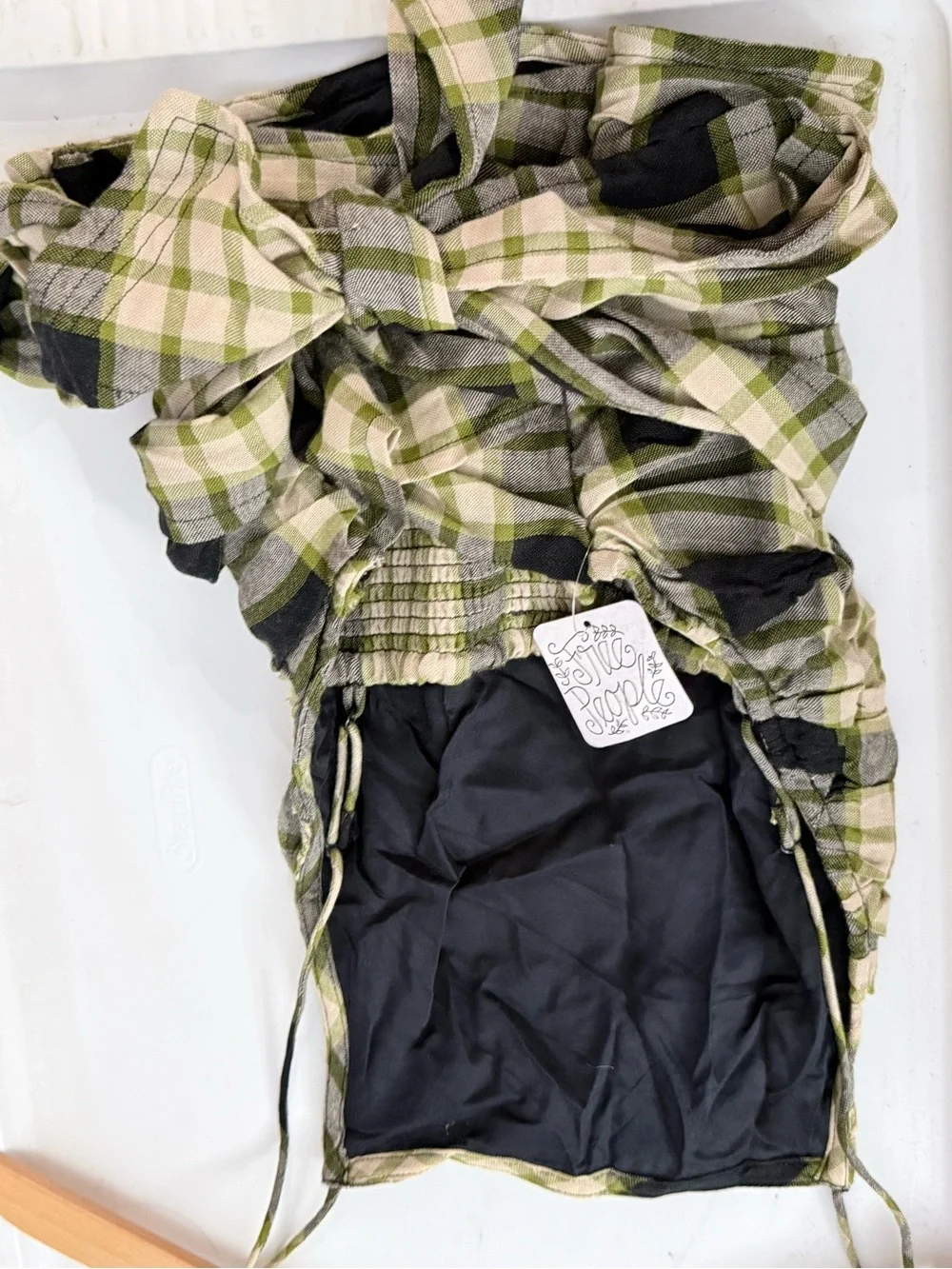 Free People Olive Green and Black Plaid Ruched Tank Top